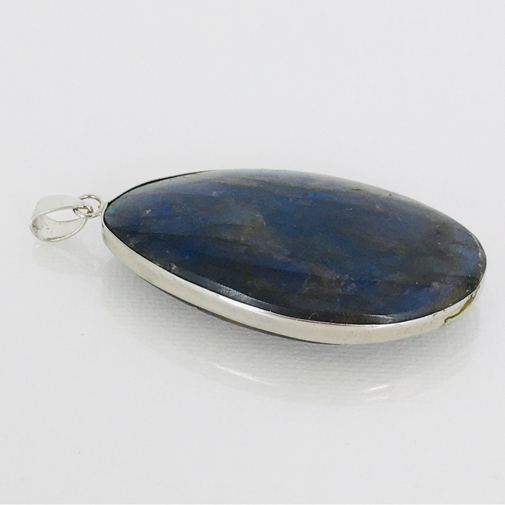 Labradorite Blue Green Flash Large Pendant Oval Natural Stone Silver Metal Wrap - Picture 8 of 14
